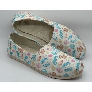 Toms Alpargata Beach Themed Seahorse Shell & Pearl Art To Wear Slip On Size 9.5